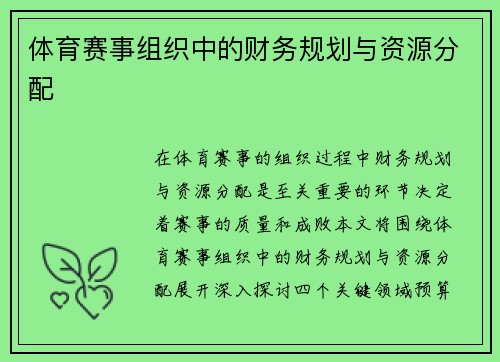 体育赛事组织中的财务规划与资源分配
